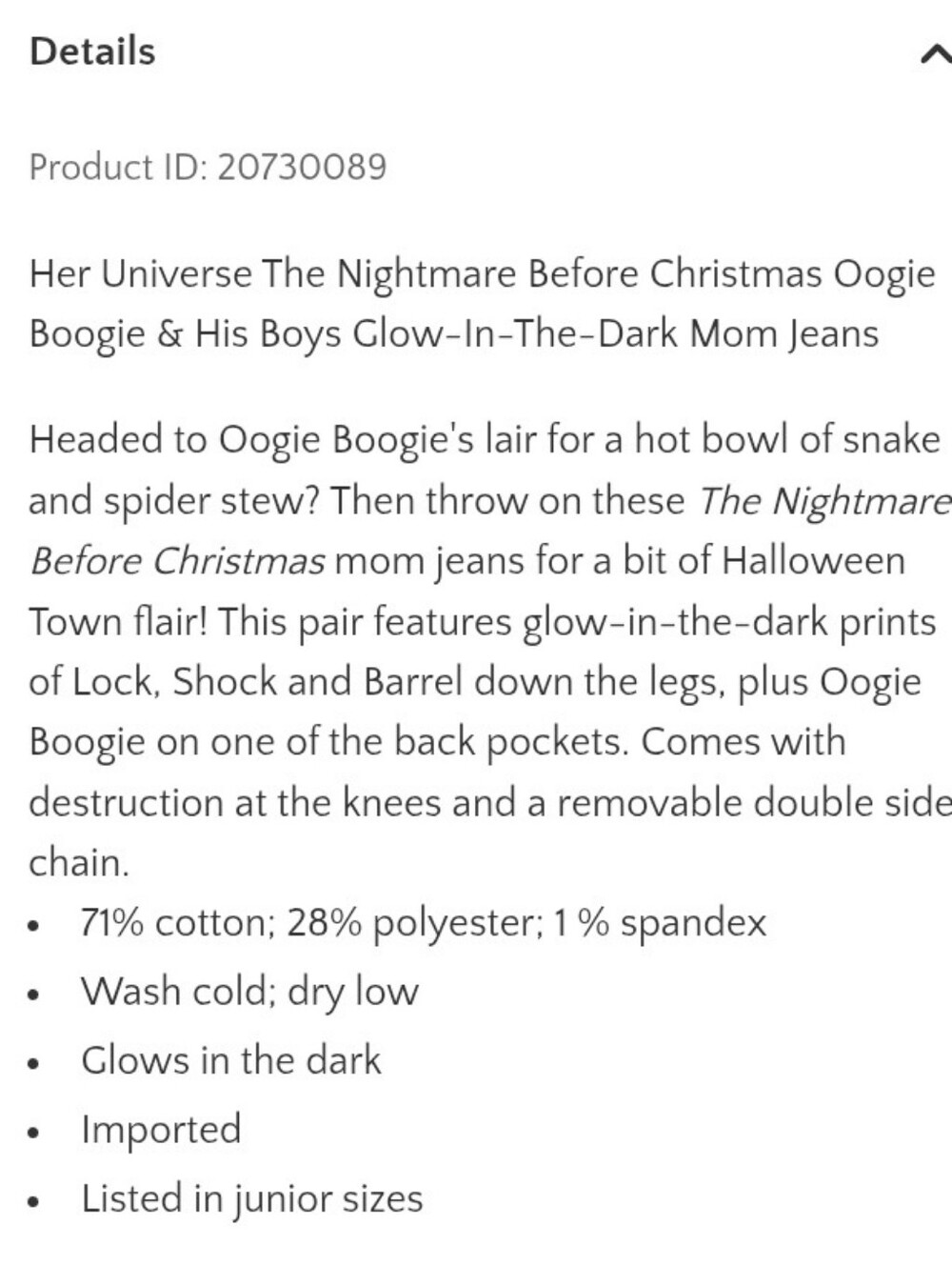 🦇 Her Universe Nightmare Before Christmas Juniors 7 Womens 6 Mom Jeans - Picture 5 of 5